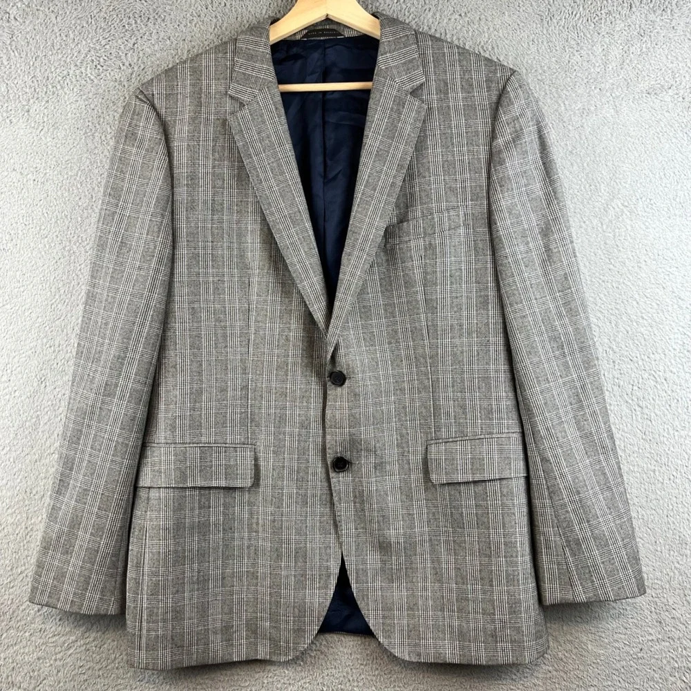 Hugo Boss Mens Grey Blue Glen Plaid Two Button Blazer Sport Coat Jacket 42R